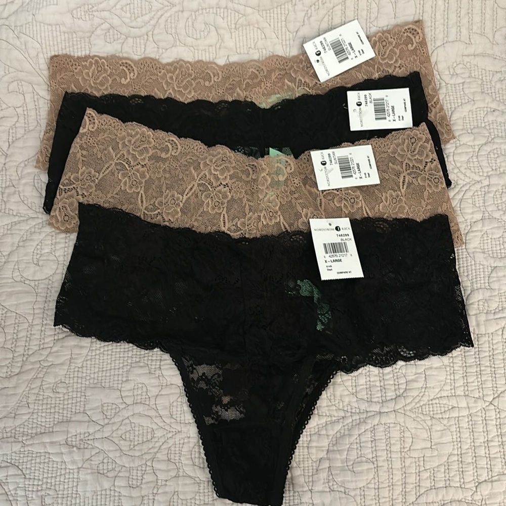 4 NWT Lace thongs panties brand Honeydew in size XL 2 beige and 2 black